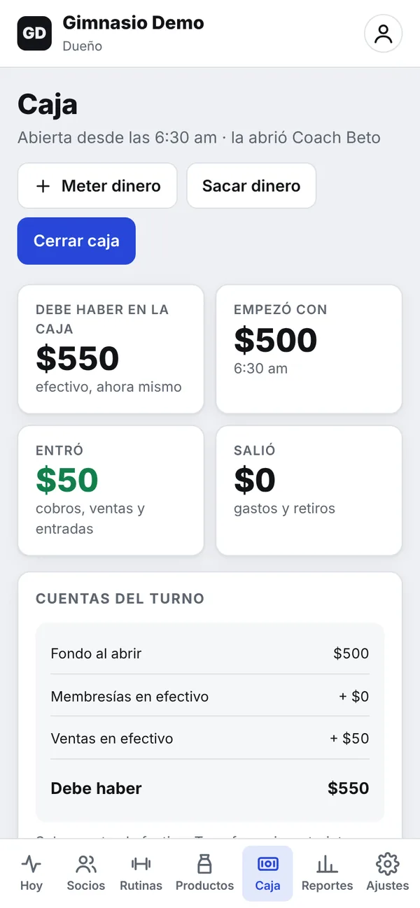 Pantalla de Caja: abierta desde las 6:30 am, debe haber $550 en efectivo, empezó con $500