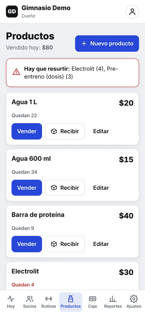 Pantalla de Productos: aviso de productos por resurtir y lista con precio, piezas que quedan y botón Vender